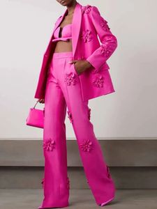 Design de flores de bordado rosa blazer roupas de escritório duplo de escritório feminino de moda calça coreana de terno de blazer 240510