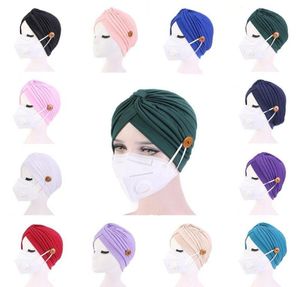 Women Turban Hats Mask Headband with Button Indian Caps Stopper Pure Hat Turbante Headwear Adult Bandana Hijab Towel Hair Accessor9224703