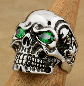 Линсион Огромный тяжелый 316L из нержавеющей стали Зеленый CZ Глаза Titan Skull Mens Boys Biker Rock Punk Ring 3A3017191963