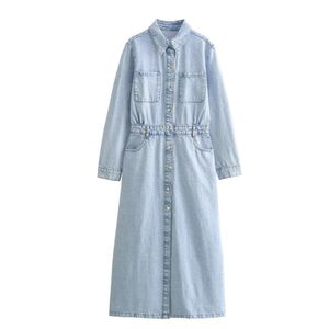 Zach Ailsa Spring Product Womens Retro Washed Effect Polo Neck Long Sleeved Buttonided Denim Midi Dress 240510