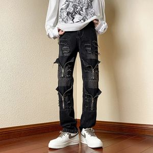 Pantaloni da gamba larga da uomo di moda coreano da uomo con gamba a gamba dritta sciolta con pantaloni in denim con foro diviso con cerniera 240509