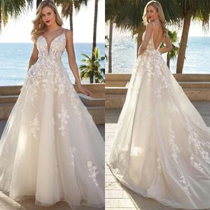 Abiti da sposa fantasiosi Abiti da sposa cinghie di spaghetti Appliques 3D-florali personalizzati con sposa da sposa a back-sweele su misura Vestitidos de noni