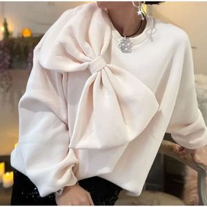 Solid Bow O-Neck Kobiety Bluzy Lose długi rękaw swobodny pulower 2024 Spring Fashion All-Match Lady Woman Clothing