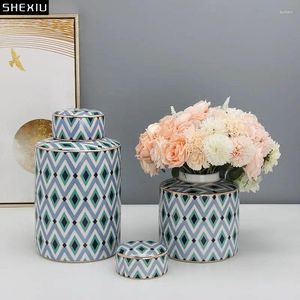 Storage Bottles Creative Rhombus Pattern Porcelain Jar With Lids Ceramic Jars Cylinder Tea Caddy Candy Pots Floral Vases Desk Decoration