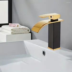 Waschbecken Wasserhähne 1PC Wasserfallarmatur in schwarzem Gold und Weiß 304 Edelstahl Dual -Temperatur -Steuerelemente Küche