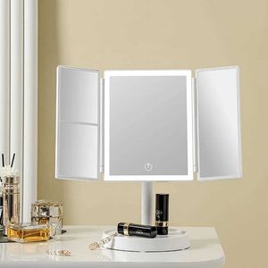 Компактные зеркала Складное зеркало для макияжа со светодиодным светом 3-тональным тщеславием настольного компьютера 2x/3x увеличенная 360 ° Регулируемая зарядка Q240509