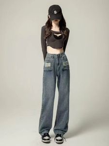 Vår- och höstblå hög midja med bredbensbyxor jeans kvinnor tunn 2024 nya små raka byxor för kvinnliga byxor