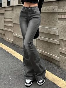 Kvinnor flare stretch mustasch jeans mode mager klocka botten hög midja grå denim byxor lady klassiker y2k punk långa byxor 240509