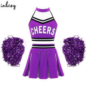 Kids Girls Cheerleader 유니폼 댄스 의상 Halter Mesh Patchwork Cheers Print Crop Top과 주름진 치마 및 Pompoms 세트 240510