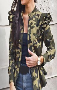 Autumn Women Short Jacket Plaid Ruffle Shoulder Long Sleeve Zip Up Outerwear Camo Coat Female Casual Plus Size Jacket13401860