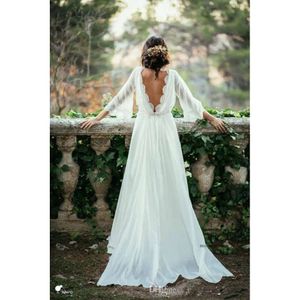 Ivory Lace Bohemian Dresses 2019 Summer 3/4 Long Sleeve Wedding Chiffon Sexy Backless Arabic Beach Bridal Gowns Custom Made 0510