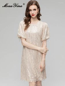 Abiti per feste Moaayina Summer Designer Summer Khaki Abito elegante da donna con paillettes a maniche corte