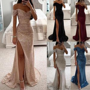 Casual Dresses Sexy Strapless Sequins Evening Prom Dress Chic Off Shoulder High Slits Sparkling Party Maxi Female Bridemaid