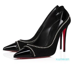 Famous Brand Women Duvette Strass & Spikes Pumps Patent Calf Leather Lady High Heels Pointed Toe Party Dress Wedding Elegant WalkingWith Box