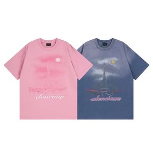 Paris B Strona główna Wysokiej jakości Eiffel Tower Inkjet Gradient Kolor Drukowanie Wash Lux Męskie i Damskie T-shirt z krótkim rękawem