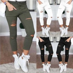 Frauenhose Capris Neu gebrannte Jeans Frauen große Risse Jeans Hosen elastische Bleistifthose Lange Beine Damen Jeans Frauen Jeansl2405