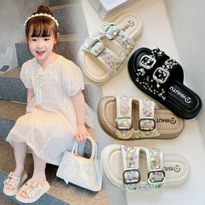 Slipper 2024 Girls Fashion Sequin Princess Slippers Summer New Girl Outwear Beach Anti Slip Open Toe H240510