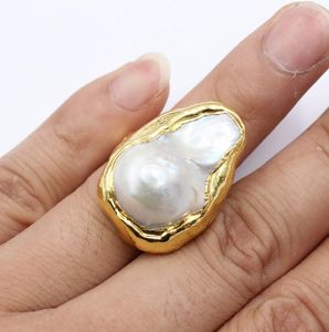 GuaiGuai Jewelry Classic Huge Natural White Keshi Baroque Pearl Yellow Gold Color Plated Rings Handmade For Women Adjustable1134148