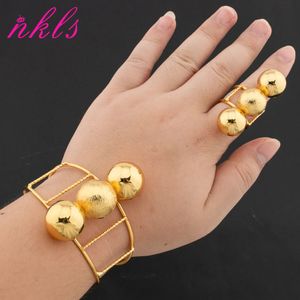 18K Gold Color Cuff Bangle with Ring Set Dubai Round Beads Design Luxury Italian African Bracelet Wedding Daily Wear Jewelry 240510