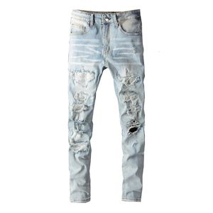 Homens de cristal ripsed retchwork jeans streetwear azul de jeans azul claro calças de lápis skinny calça 240423