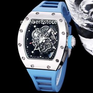 Classic 055 Automatic Blue Mens Watch Stainless Steel Skeleton Dial Sapphire Crystal Sports Luxury Wristwatch 5 Colors Rubber Strap