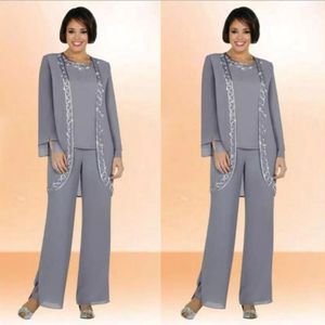 Modest Chiffon Jewel Long Mother Of The Bride Pant Suits With Long Sleeve Jacket Cheap Embroidery Formal Suits Custom Made 224B