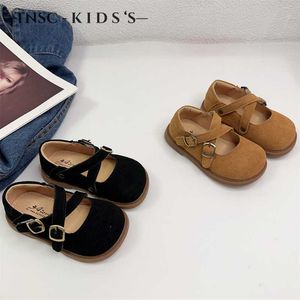 Sneakers Girls Korean version Single Shoe 2024 Spring New Cross Princess Shoes Baby Girl Plush Leather Soft Sole kardborror Small H240510