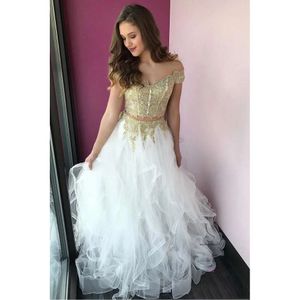 2 peças White 2019 Gold Lace Applique Prom Dress Dress Dress Vestidos de festa da 8ª série Vestidos OCN Vestidos 0510