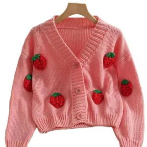 حياكة النساء Tees 3D Strawberry Cardigan للنساء 2022 جديد اللون الصلب واحد الصدر الخامس على الرقبة طويلة الأكمام topl2405