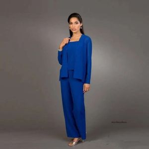 Royal Blue Mother Bride Plus Size Of The Bride Pant Elegant Chiffon Wedding Guest Party Suits For Groom Mother 0510