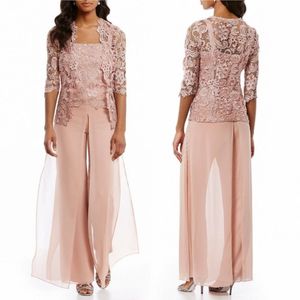 Cheap Pink Mother Of The Bride Pant Suits With Jacket Chiffon Lace Beach Wedding Guest Mothers Groom Dress Formal Outfit Garment Wear 244g