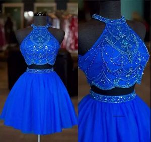 Royal Blue Short Homecoming -Kleider 2 Stücke Promkleider Perlen Strass formelle Heckpartykleid hohl zurück zweiteil 0510