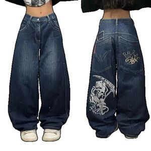 Baggy jeans kvinnor y2k jeans stora fickor död ljesprint mönster lösa jeans retro blå jeans för kvinnor och män breda ben byxor 240429