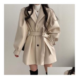 Womens Wool Blends 2023 Winter Women Elegant Turn-Down Collar Single Breasted Woolen Coat Vintage Slim Lantern Sleeve Solid Jacket Wit Dhwhs