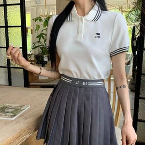 sets for women outfits women 2 piece set miummu white Polo short sleeved top waistband Letter embroidery preppy style pleated skirt