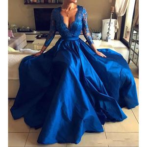 Elegant Royal Blue Lace Sleeve Split Formal Ocn Dresses Long Prom Party Gowns Women Evening Wear 0510