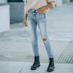 Dżinsy damskie w rozmiarze plus dla kobiet dżinsowa solidna prosta dziura wysoki pasy elastyczna szczupła nastolatka w stylu vintage