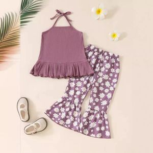 Clothing Sets Summer Toddler Baby Girls 2pcs Sleeveless Tie-Up Halter Ribbed Ruffled Tank Tops Daisy Flare Pants Set Children