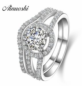 Ainuoshi Luxury 1 Carat Women Engagement Rings Set 925 Solid Sterling Silver Halo Bague High Quality Bridal Ring Set for Party Y208076078