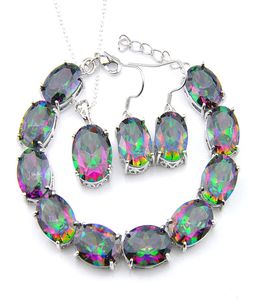 3pcs Lot Ring Earring Bracelets Jewelry SetsFashion Glary 925 Sterling Silver Oval Gemstone Jewelry Rainbow Mystic Topaz Jewelry9670695