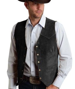 Men Vest Black Suede Leather Gentleman Business Waistcoat Vintage Western Cowboy Regular Slim Banquet Suit 240507