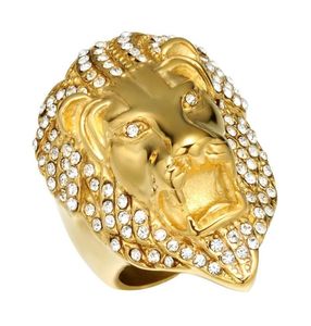 Lujoyce HIPhop Lion Head Ring Micro Pave Rhinestone Iced Out Bling Mens Ring IP Gold Filled Titanium Stainless Steel Rings for Men1028261