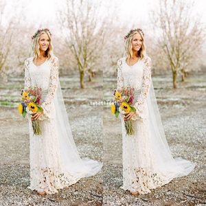 2019 Romantischer Boho -Stil Langarm Brautkleider O Hals Eine Linie Voller Spitzen Country Style Bridal Gown Custom Made 2909