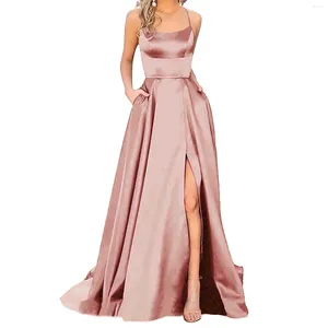 Lässige Kleider Rosegold Satin Frauen elegant solide lange Cocktail Mode sexy Rückenless Cross Halter Abend Partykleid