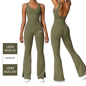 Lu Yoga Bodysuit Align Jumpsuit 2024 Hollow-out workout jumpsuit with built in bra tall Women's Slit Opening Flare Pants One Piece Outfits