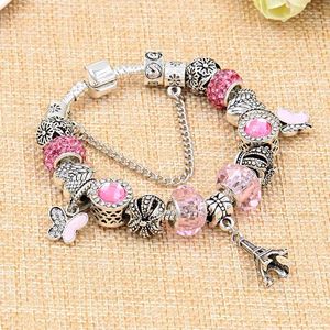 Charm Bracelets Vintage Paris Eiffelturm Anhänger Armband Pink Schmetterling DIY Perle für Frauen Mädchen Schmuck Geschenk