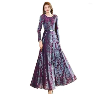 Casual Dresses 2024 Spring Autumn Women Pleuche Maxi Fashion Jacquard Golden Velvet Long Sleeve Belt Slim A-Line