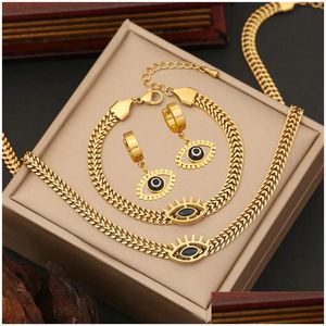 Ohrringe Halskette Blau Turkiye Devils Eye 14k Gelbgold -Ohrring -Armband Set Schmuck für Frauen Komplet Damskiej Stal Drop liefern Dhynm