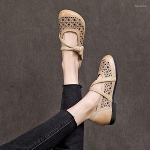 Casual Shoes 1.8cm Hook Novelty Authentic Summer Fashion Natural Genuine Leather Women Flats Hollow Designer Elegance Round Toe Comfy