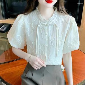 Women's Blouses Fashion Ruffled Neck Lace Up Button Puff Sleeve Shirts Female Clothing 2024 Summer Loose Casual Tops Sweet